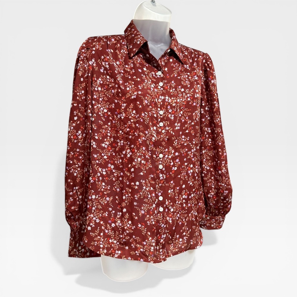 Ann Taylor‎ Floral Button Down Blouse Womens SP Red Excellent Long Sleeve Petite